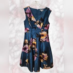 Floral Fit & Flare Dress in Teal with Pink and Yellow Blooms Size 8